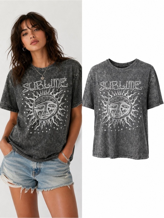 Sublime Tops - Sublime | Acid Wash Sun Graphic Tee | Vintage Grunge Y2K Celestial Oversized